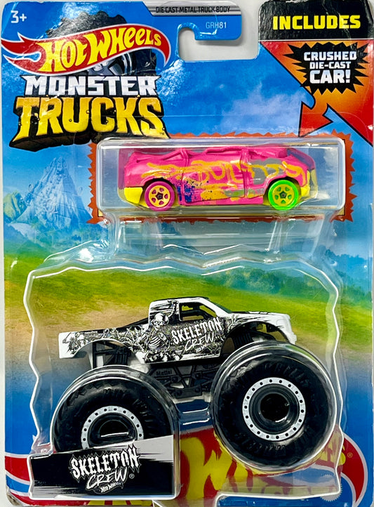 Hot Wheels Monster Trucks Skeleton Crew White Black & Crushed Car 1:64 Diecast