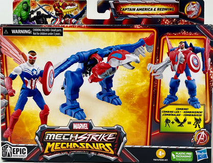 Marvel Mech Strike Mechasaurs, 4-Inch Captain America with Redwing Mechasaur Action Figures, Super Hero Toys for Kids Ages 4 and Up