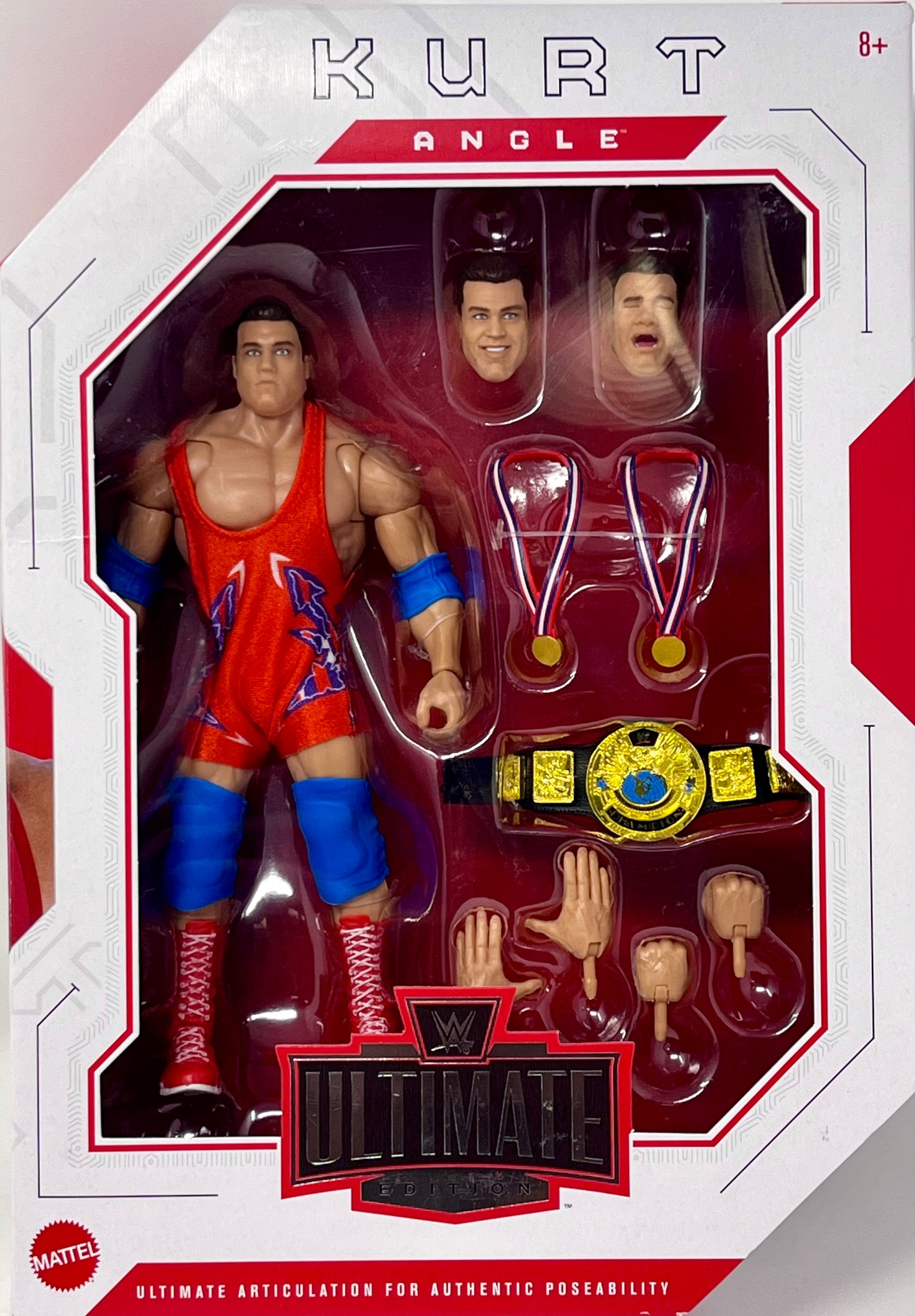 WWE Ultimate Edition Kurt Angle Action Figure & Accessories, 6-inch Collectible Set, Swappable Heads & Hands, Entrance Gear & 30 Articulation Points