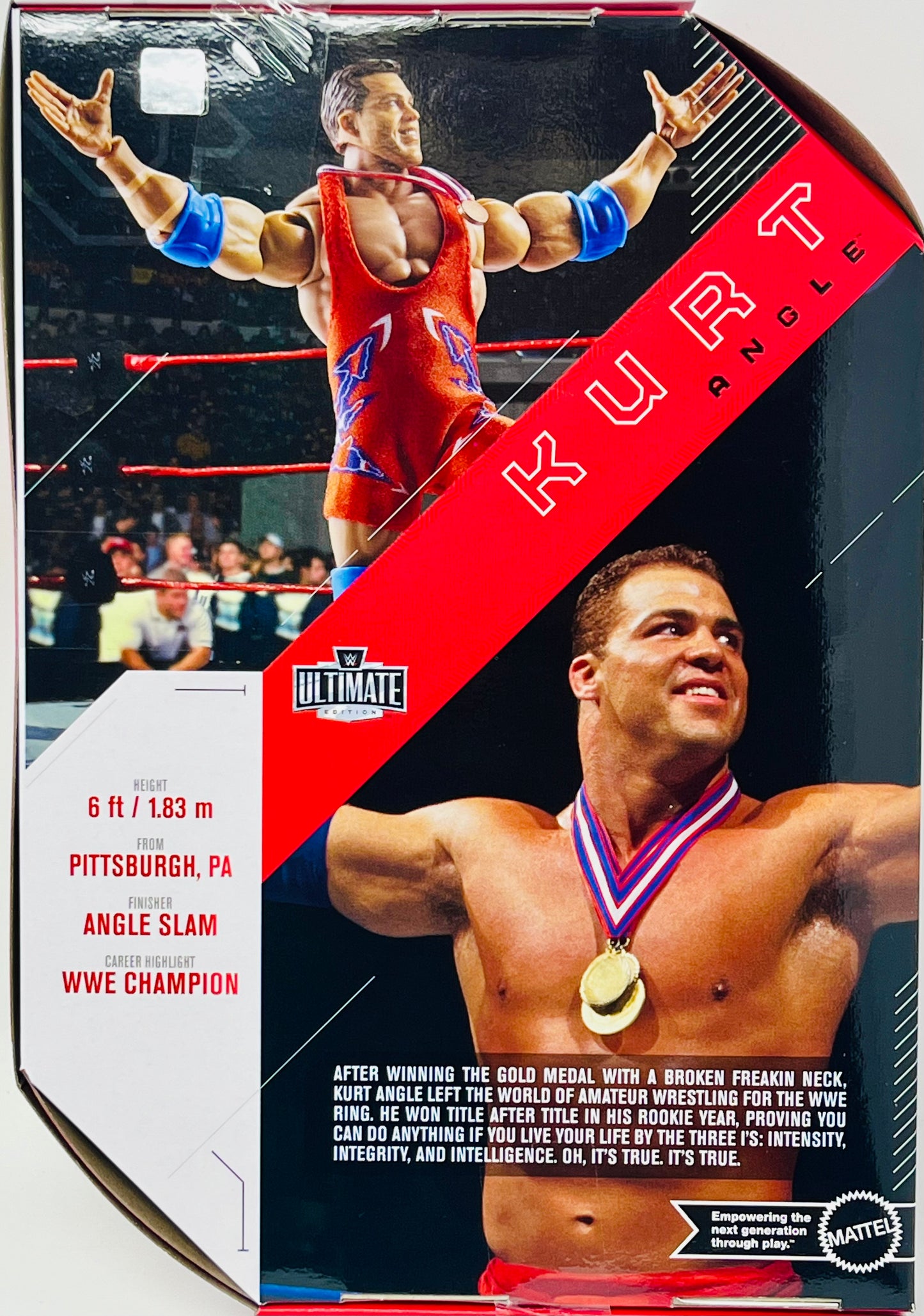 WWE Ultimate Edition Kurt Angle Action Figure & Accessories, 6-inch Collectible Set, Swappable Heads & Hands, Entrance Gear & 30 Articulation Points