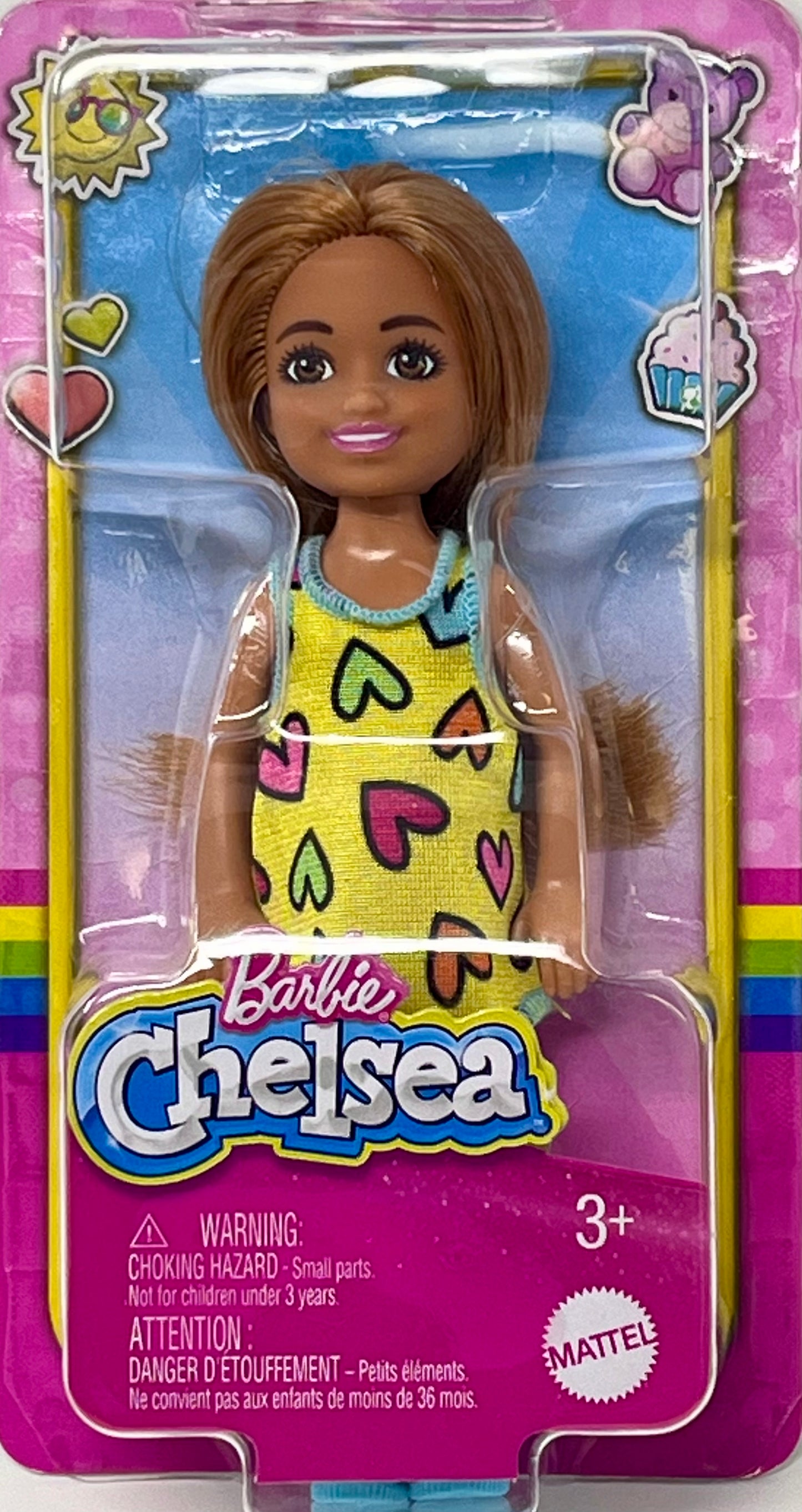 Barbie Chelsea Small Doll 5.5” in Yellow Heart-Print Dress & Blue Sneakers with Red Hair & BrownEyes