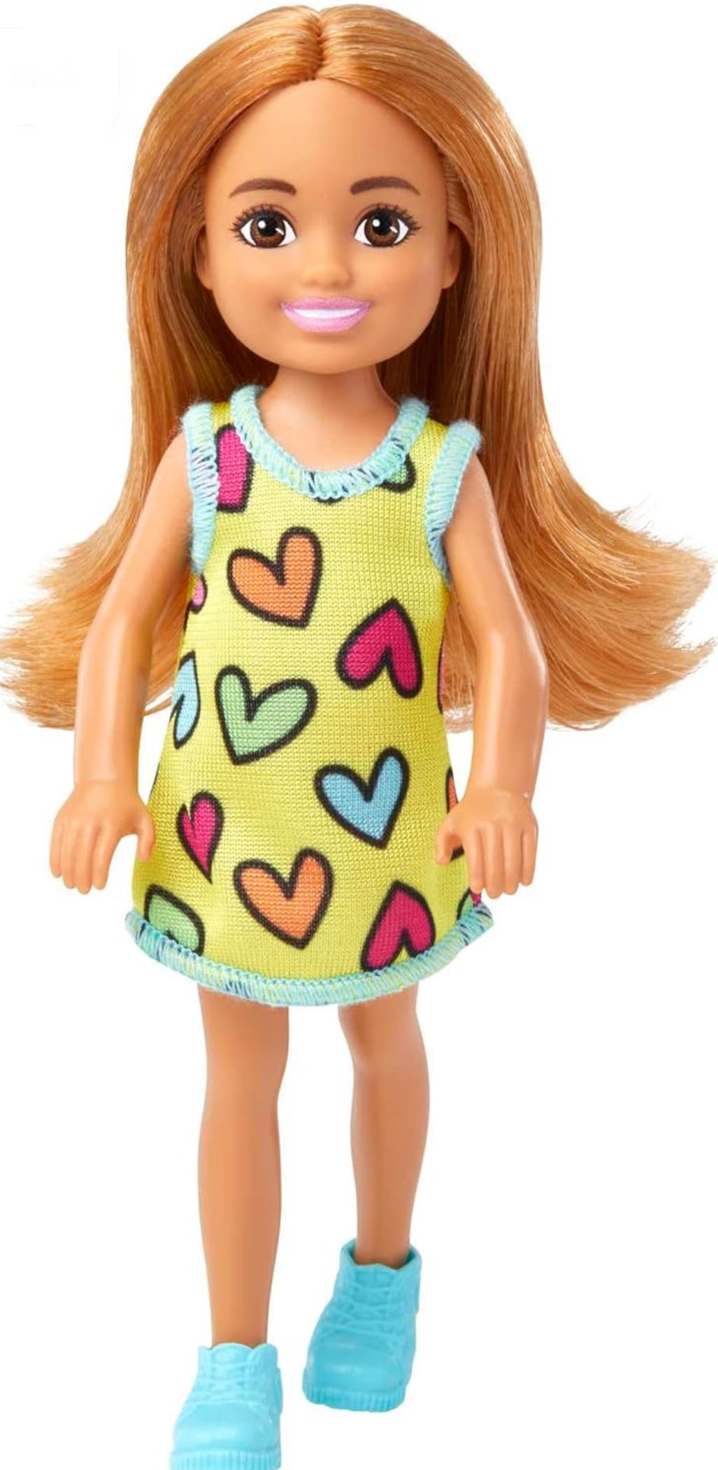 Barbie Chelsea Small Doll 5.5” in Yellow Heart-Print Dress & Blue Sneakers with Red Hair & BrownEyes