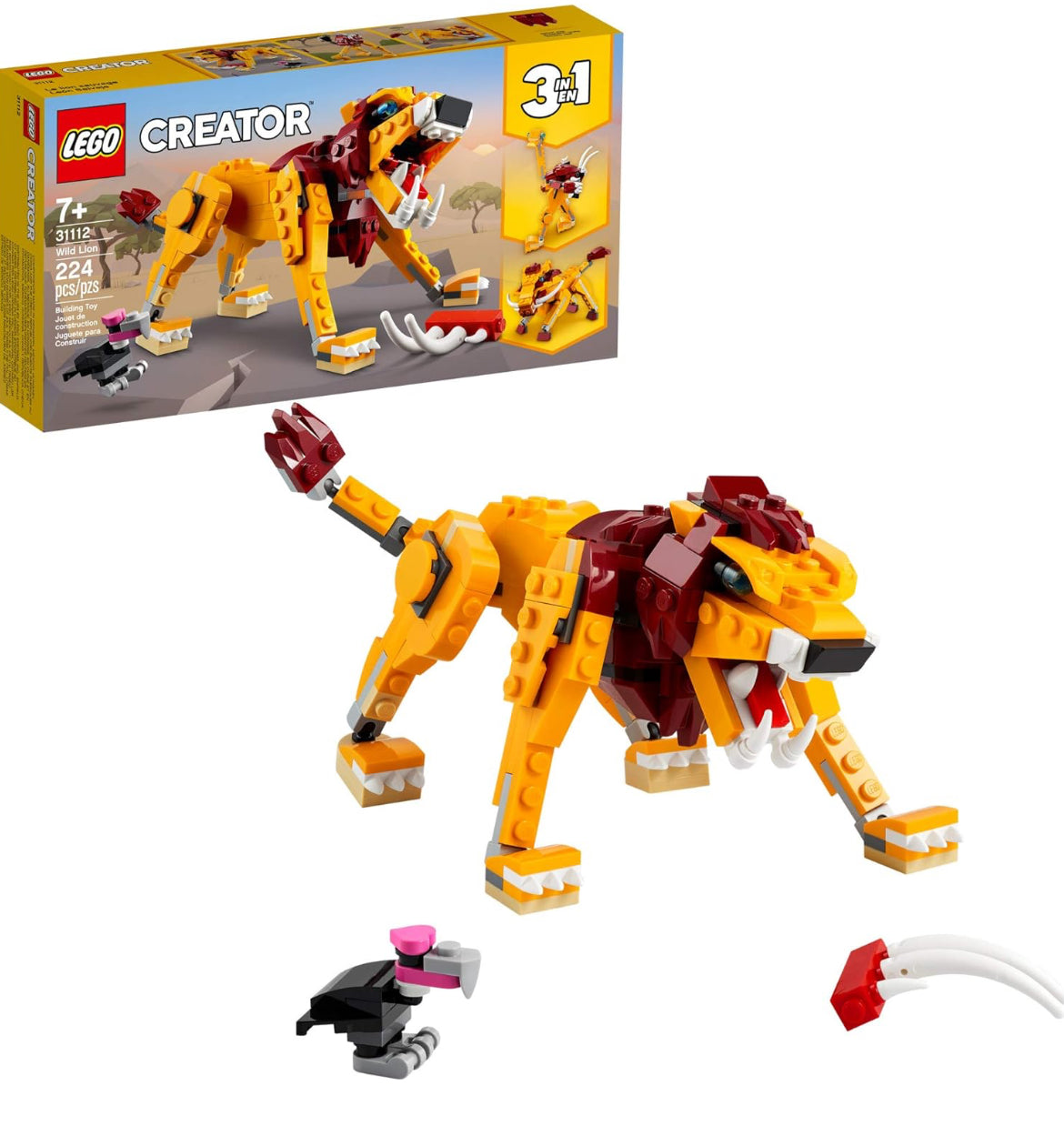 LEGO Creator 3in1 Wild Lion 31112 3in1 Toy Building Kit Featuring Animal Toys for Kids, (224 Pieces)