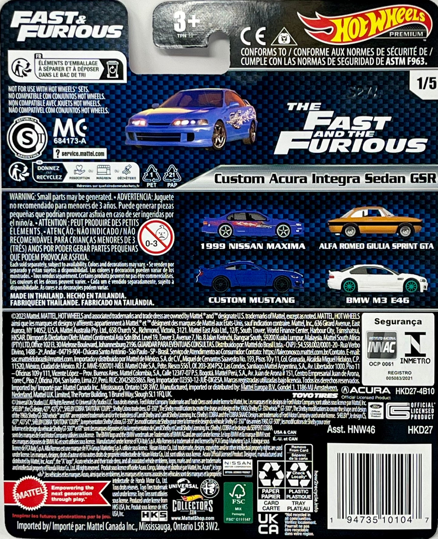 Hot Wheels Premium Custom Acura Integra Sedan GSR Fast & Furious 1:64 Scale