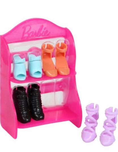 Barbie Doll Shoe Pack Includes 4 Pairs of Doll Shoes with Shoerack - Blue, Orange and Purple Heels with Black Boots