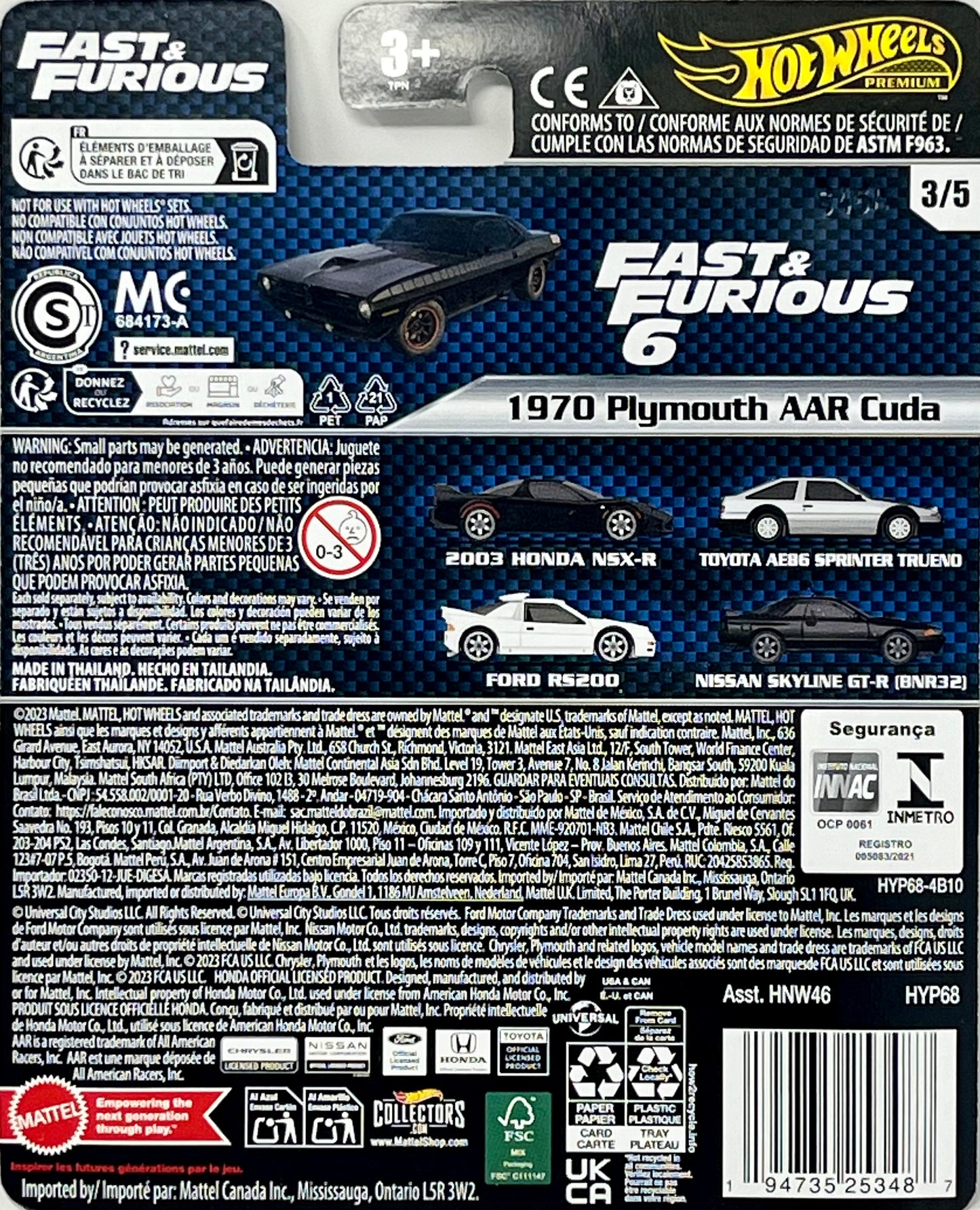 Hot Wheels Toy Car, Premium Fast & Furious 1:64 Scale Die-Cast 1970 Plymouth AAR Cuda for Collectors Inspired by Fast Movie Franchise