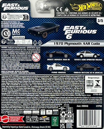 Hot Wheels Toy Car, Premium Fast & Furious 1:64 Scale Die-Cast 1970 Plymouth AAR Cuda for Collectors Inspired by Fast Movie Franchise