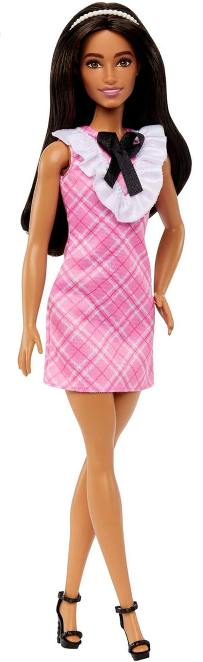 Barbie Fashionistas Doll #209 with Black Hair Wearing Removable Pink Plaid Dress, Pearlescent Headband & Strappy Heels