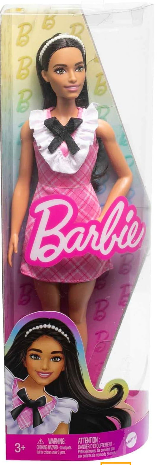 Barbie Fashionistas Doll #209 with Black Hair Wearing Removable Pink Plaid Dress, Pearlescent Headband & Strappy Heels