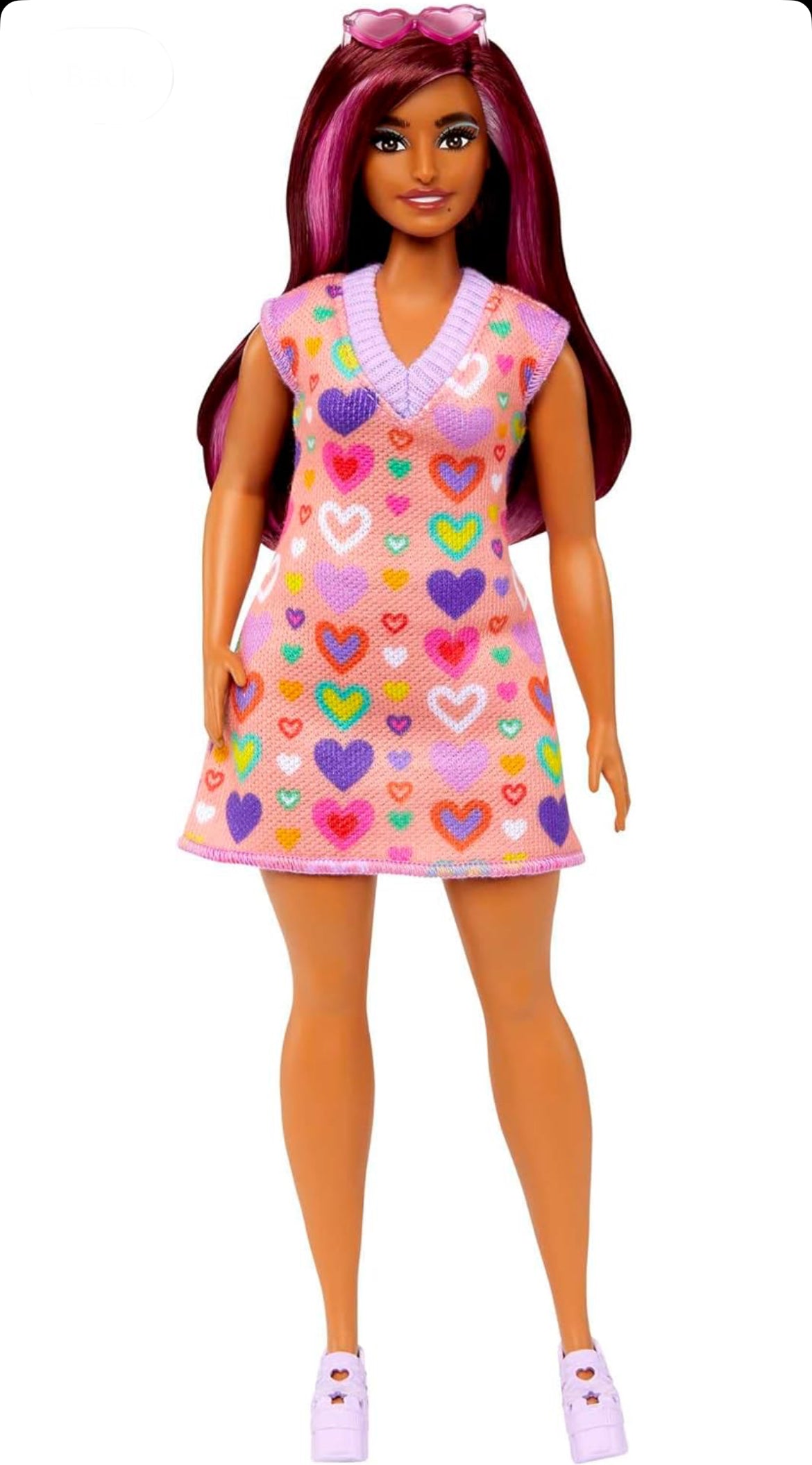 Barbie Fashionistas Doll #207 with Pink Hair Streaks Wearing Removable Heart-Print Sweater Dress, Sunglasses & Platform Shoes