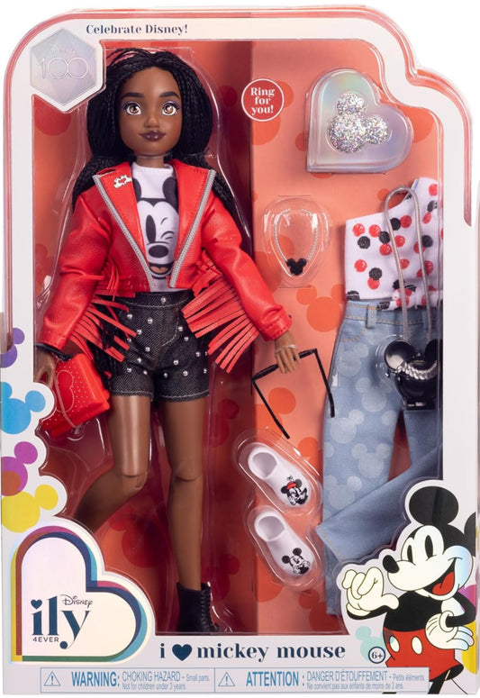 Fashion Dolls Disney 100 - Mickey Mouse 11.5" Tall with 13 Points of Articulation, Two Complete Mix-and-Match Outfits and Glittery Mickey Ring for You!