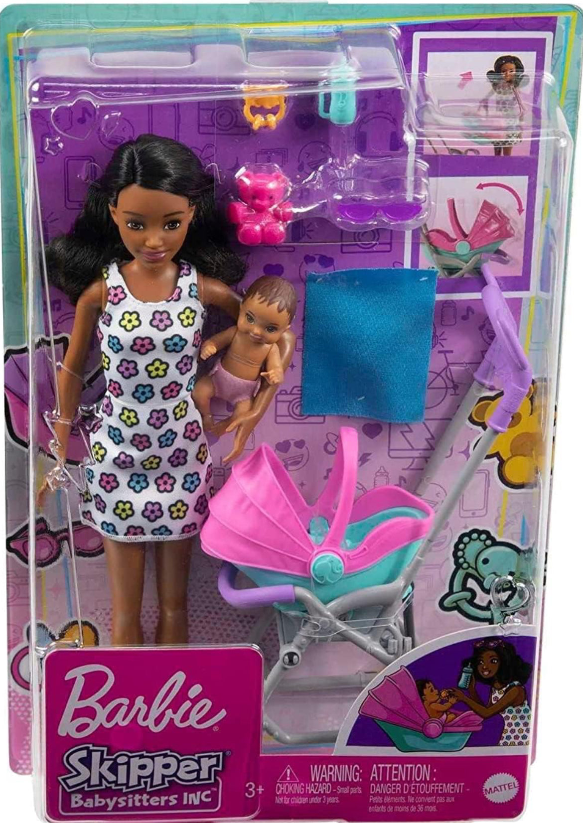 Barbie Skipper Babysitters Inc Playset with Brunette Doll, Stroller, Baby Doll & 5 Accessories, Remove Stroller Seat for Carrier