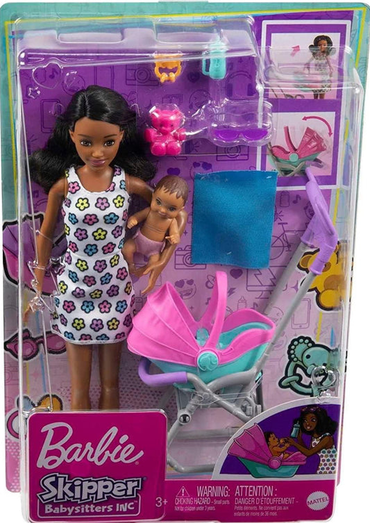 Barbie Skipper Babysitters Inc Playset with Brunette Doll, Stroller, Baby Doll & 5 Accessories, Remove Stroller Seat for Carrier