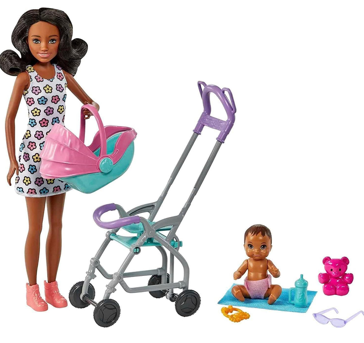 Barbie Skipper Babysitters Inc Playset with Brunette Doll, Stroller, Baby Doll & 5 Accessories, Remove Stroller Seat for Carrier