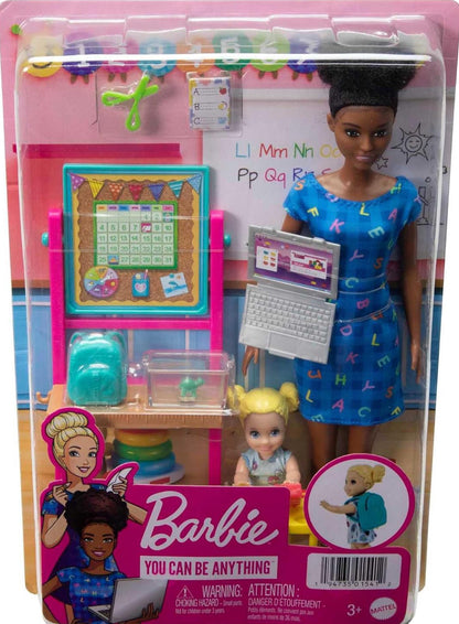 Barbie African American Teacher Set with 1 Brunette Toddler Small Doll, Furniture & Accessories