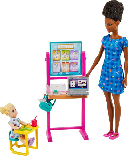 Barbie African American Teacher Set with 1 Brunette Toddler Small Doll, Furniture & Accessories