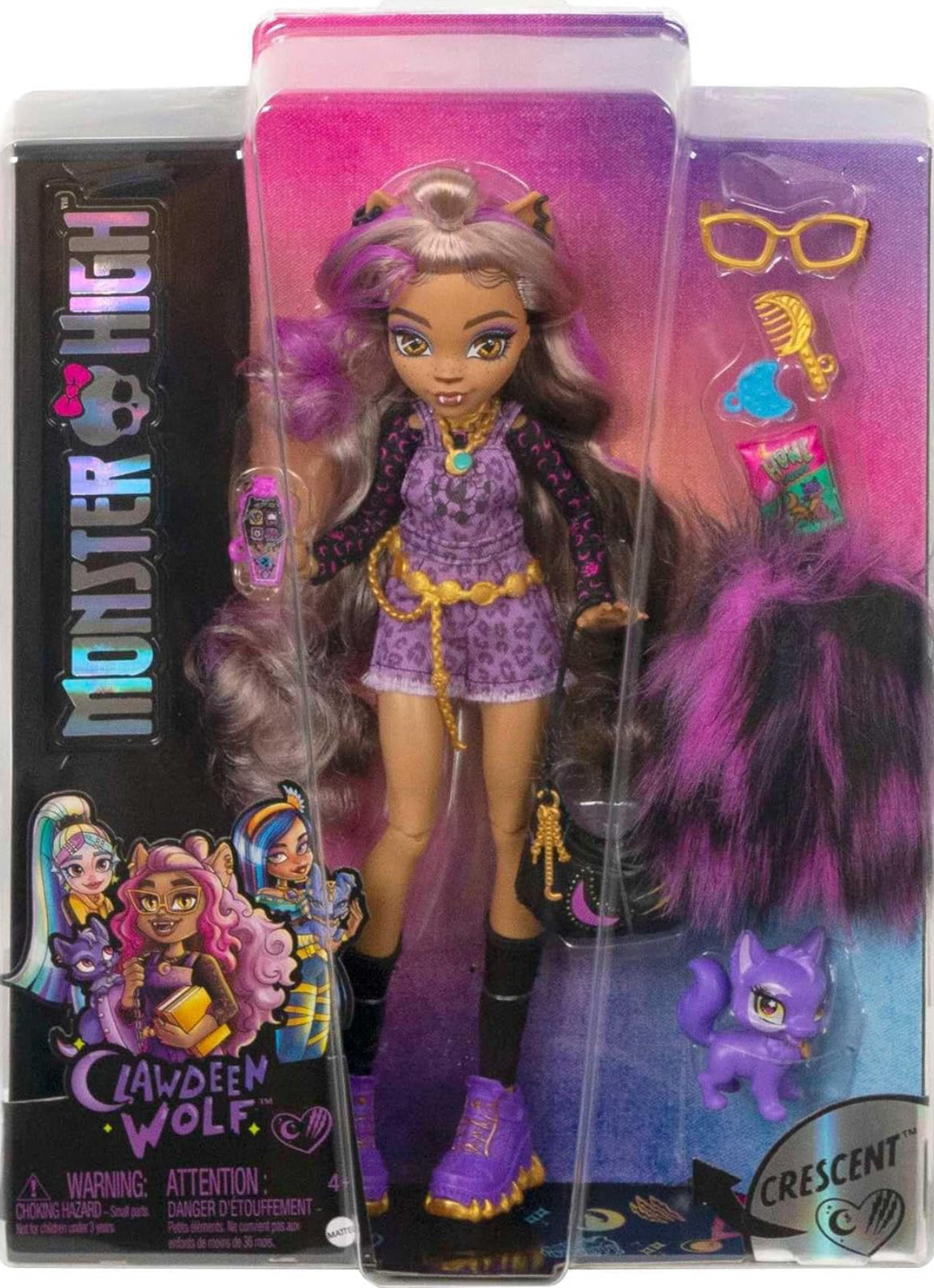 Monster High Doll, Clawdeen Wolf with Purple Streaked Hair in Signature Look with Fashion Accessories & Pet Dog Crescent