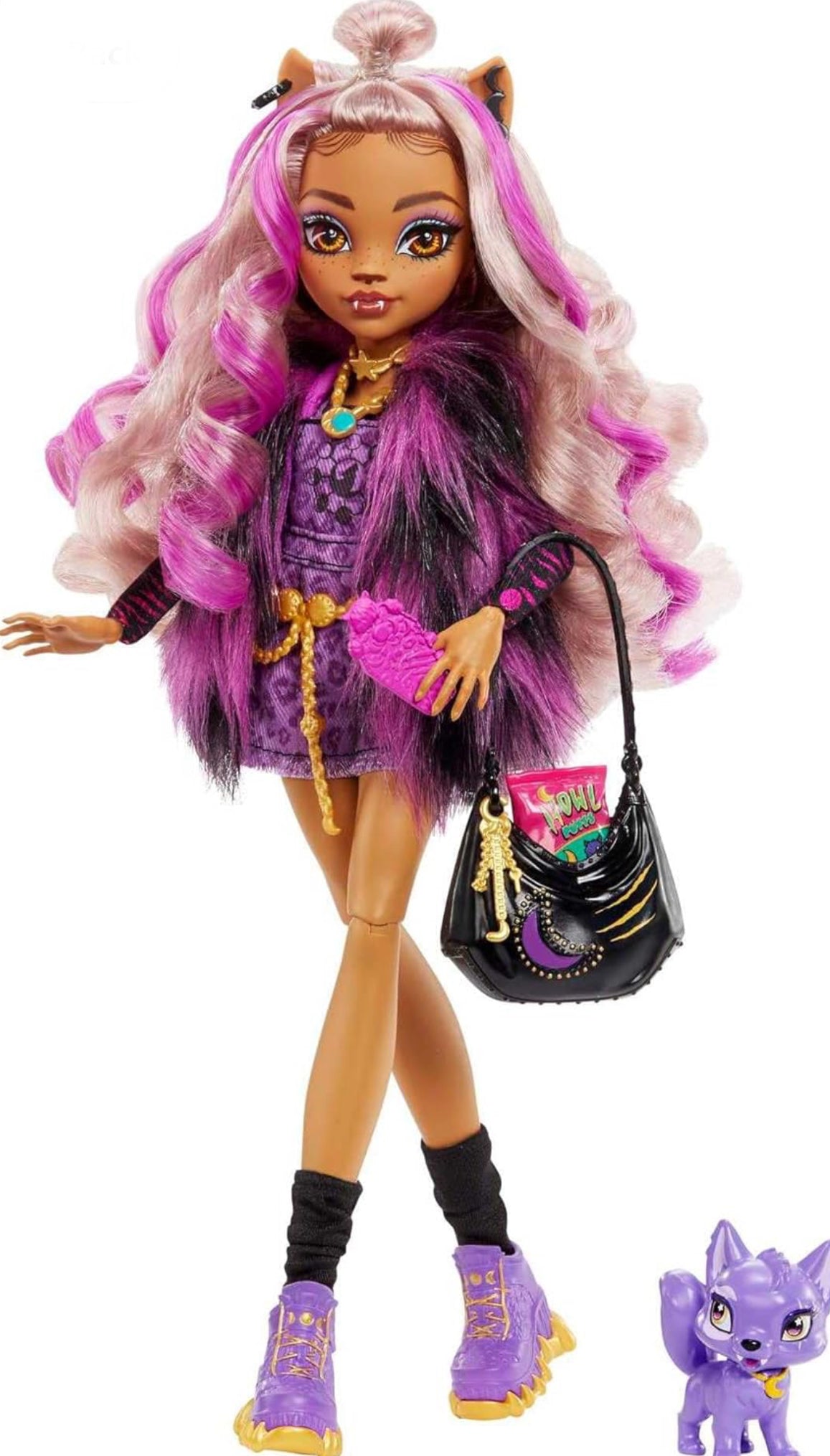 Monster High Doll, Clawdeen Wolf with Purple Streaked Hair in Signature Look with Fashion Accessories & Pet Dog Crescent