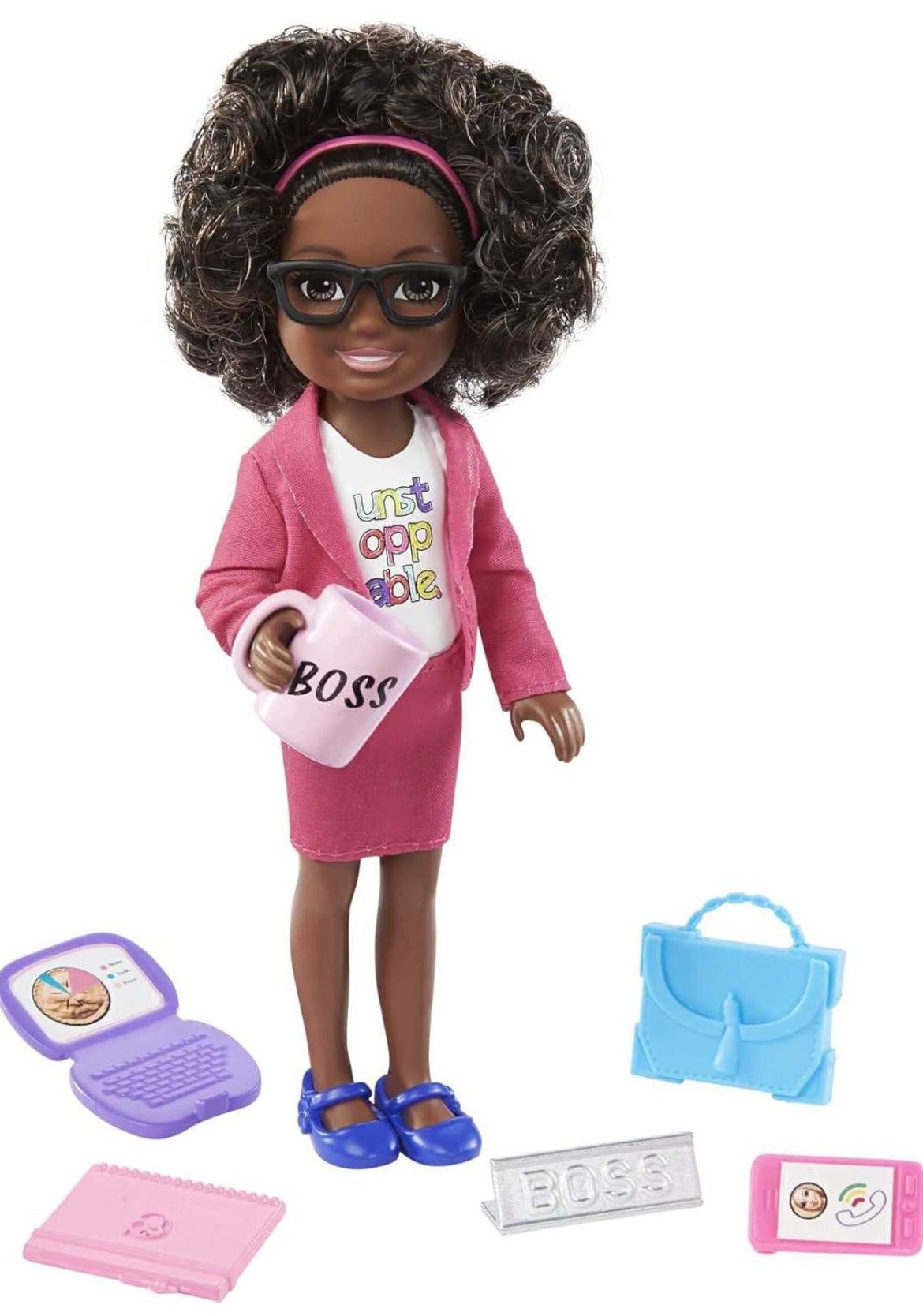 Barbie Chelsea Can Be Anything Doll & Playset, Brunette Boss Small Doll with Curly Hair, Outfit & 7 Career Accessories