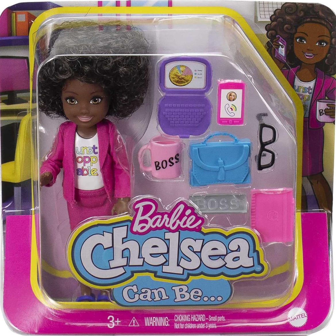 Barbie Chelsea Can Be Anything Doll & Playset, Brunette Boss Small Doll with Curly Hair, Outfit & 7 Career Accessories