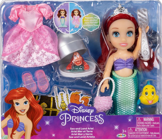 Disney Princess Ariel Doll Sea to Land Petite Ariel Doll with Sebastian & Flounder, in Mermaid Tail and Pink Dress Fashions