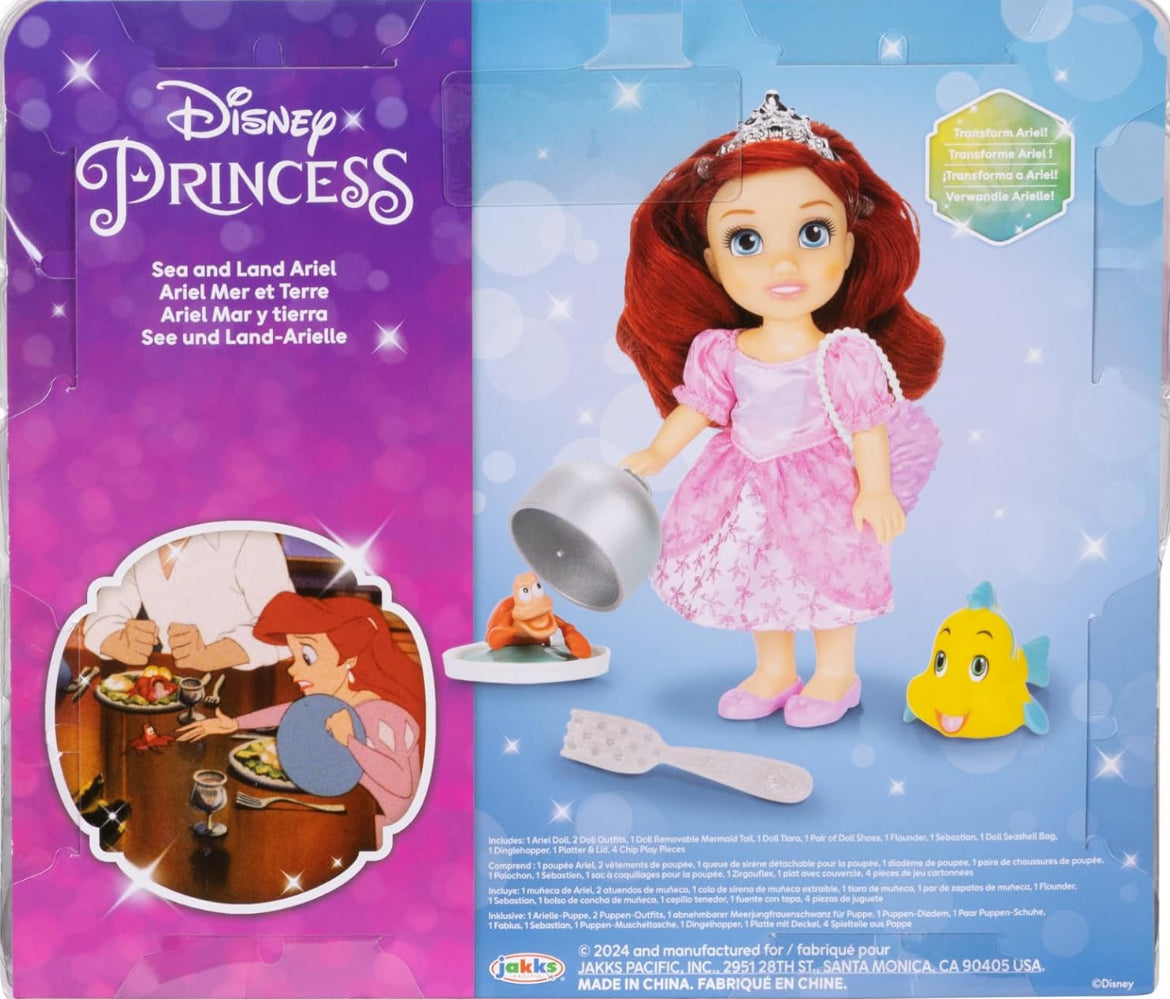 Disney Princess Ariel Doll Sea to Land Petite Ariel Doll with Sebastian & Flounder, in Mermaid Tail and Pink Dress Fashions