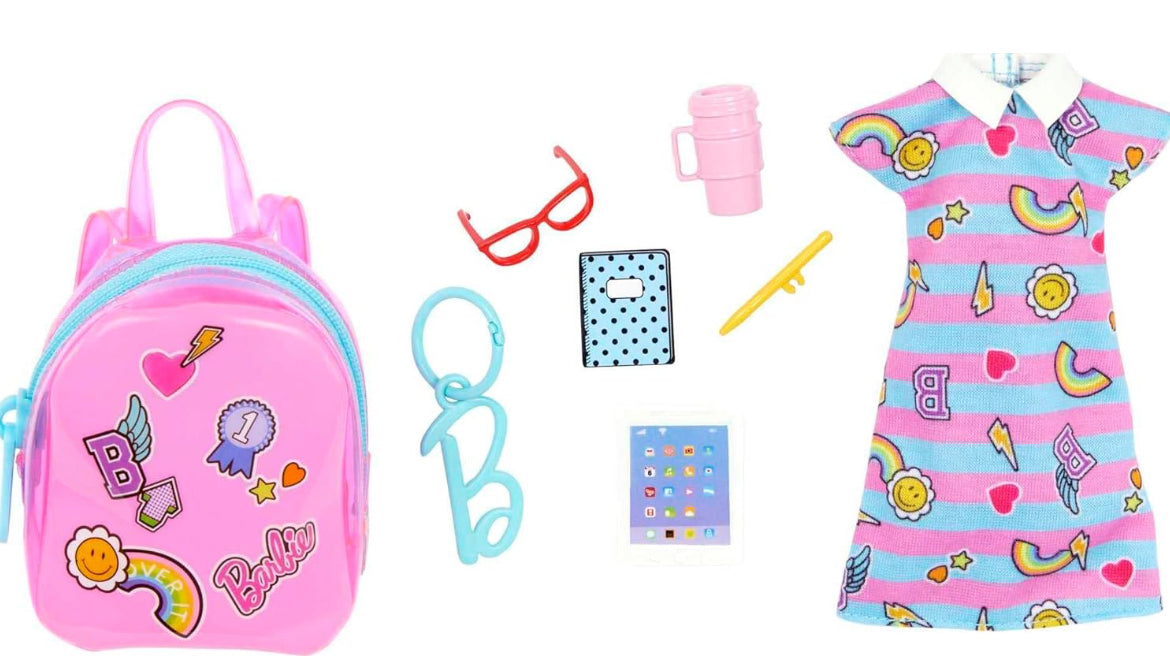 Barbie Clothes Set, School-Themed with Dress, 5 Acessories & Zippered Doll-Sized Backpack with Clip-On Ring