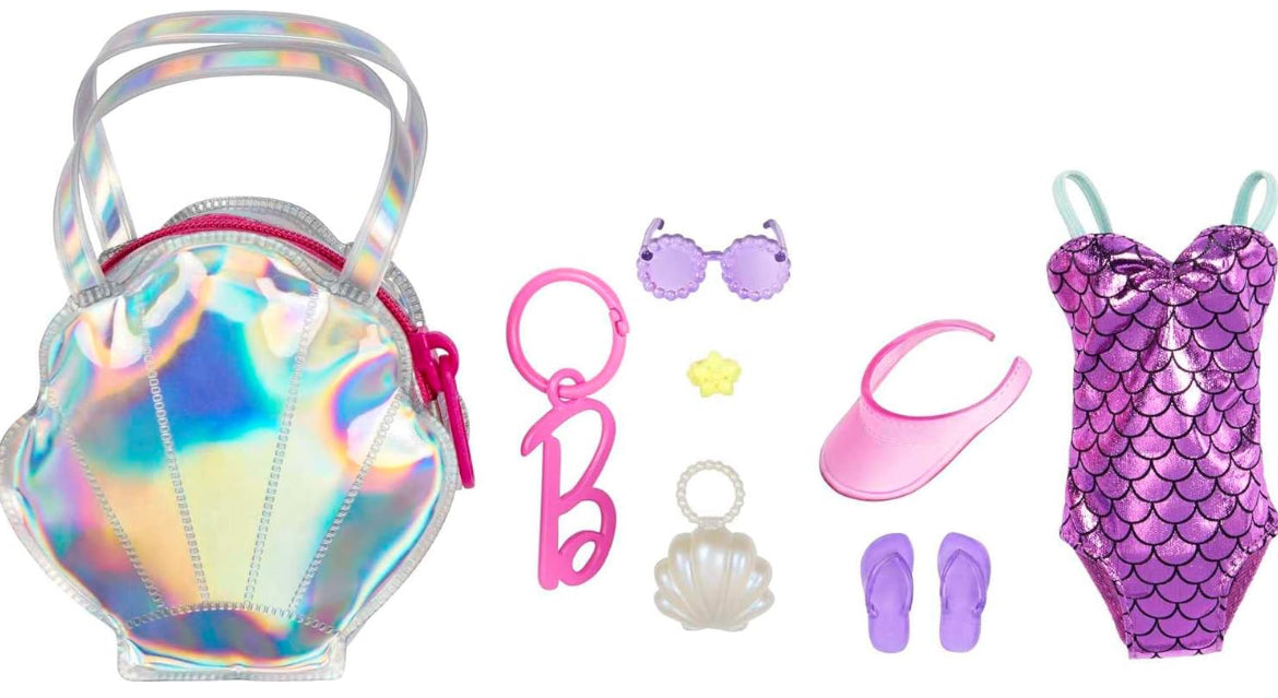 Barbie Clothes Set, Beach-Themed with Swimsuit, 5 Acessories & Zippered Doll-Sized Shell-Shaped Bag with Clip-On Ring, Iridescent