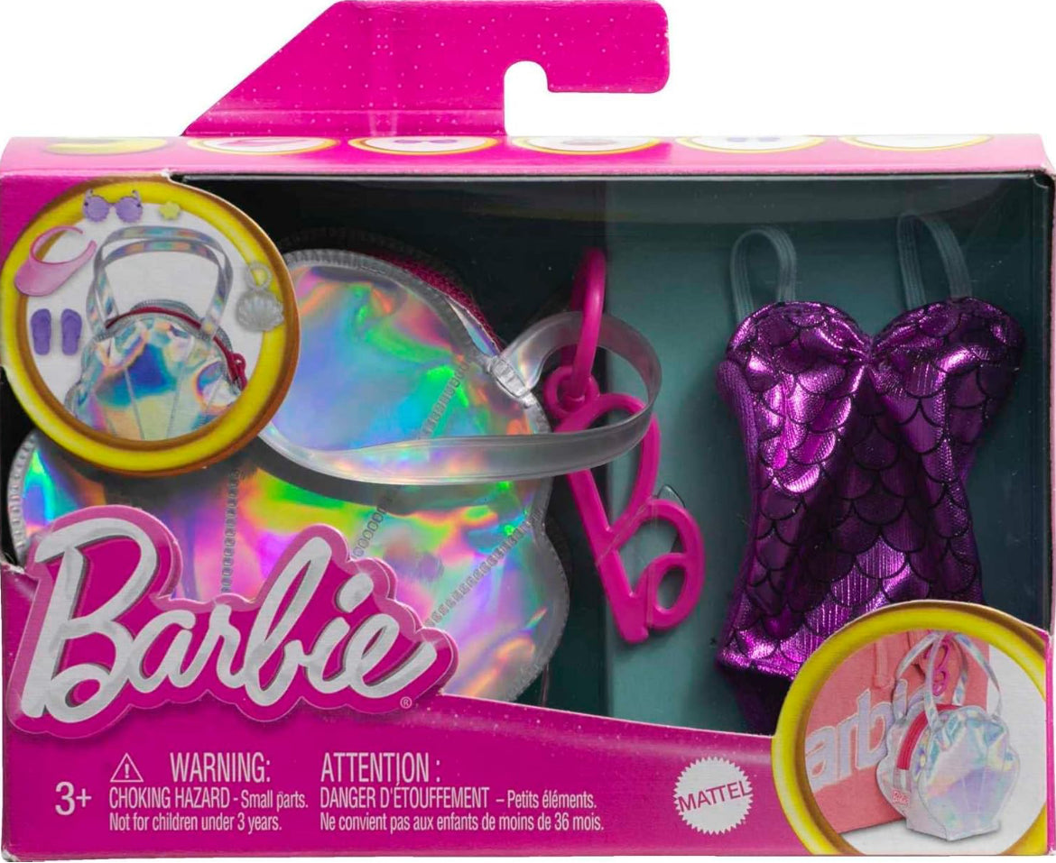 Barbie Clothes Set, Beach-Themed with Swimsuit, 5 Acessories & Zippered Doll-Sized Shell-Shaped Bag with Clip-On Ring, Iridescent