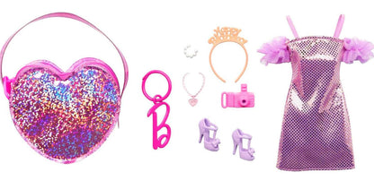 Barbie Clothes Set, Birthday-Themed with Dress, 5 Acessories & Zippered Doll-Sized Heart-Shaped Bag with Clip-On Ring