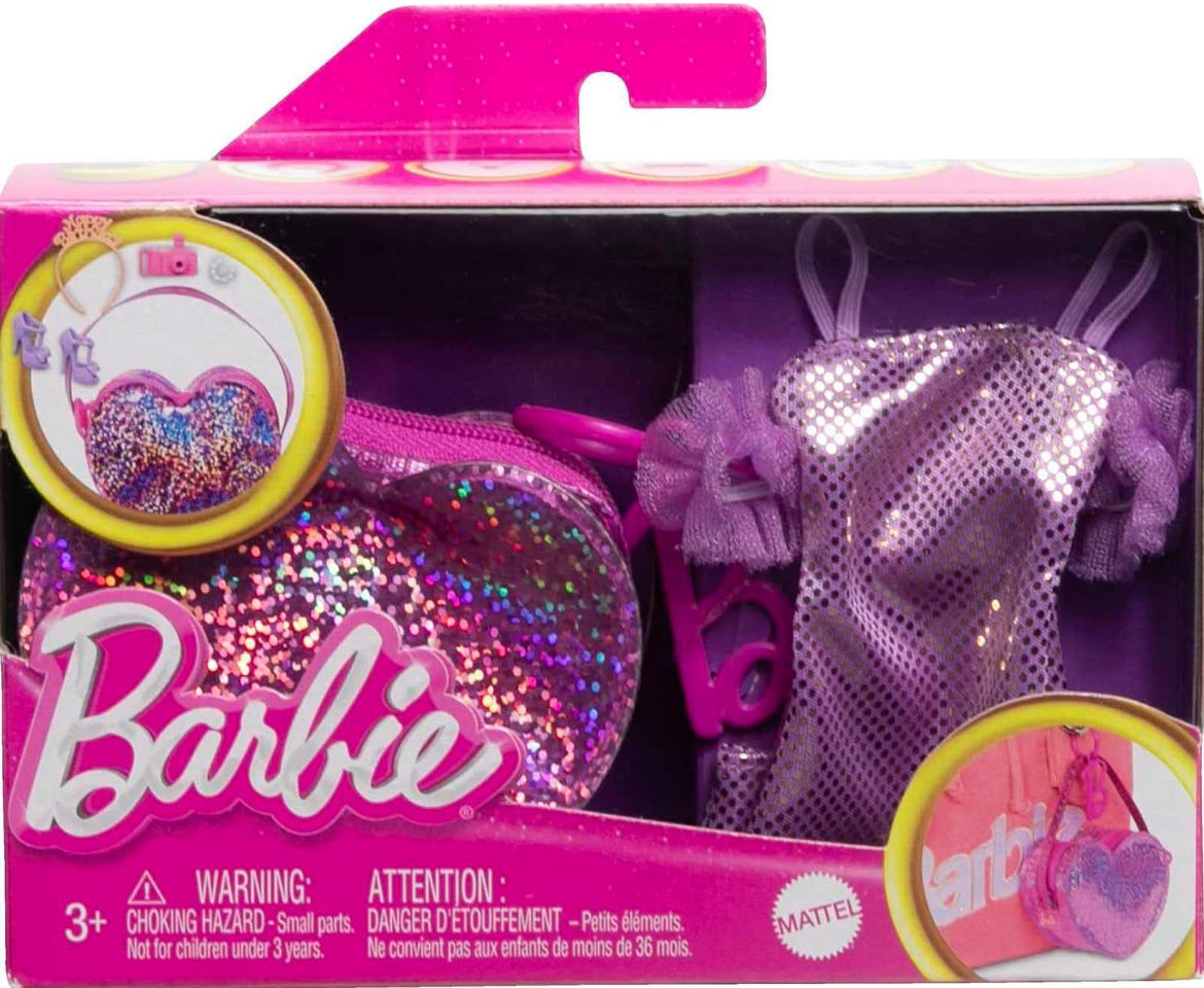 Barbie Clothes Set, Birthday-Themed with Dress, 5 Acessories & Zippered Doll-Sized Heart-Shaped Bag with Clip-On Ring