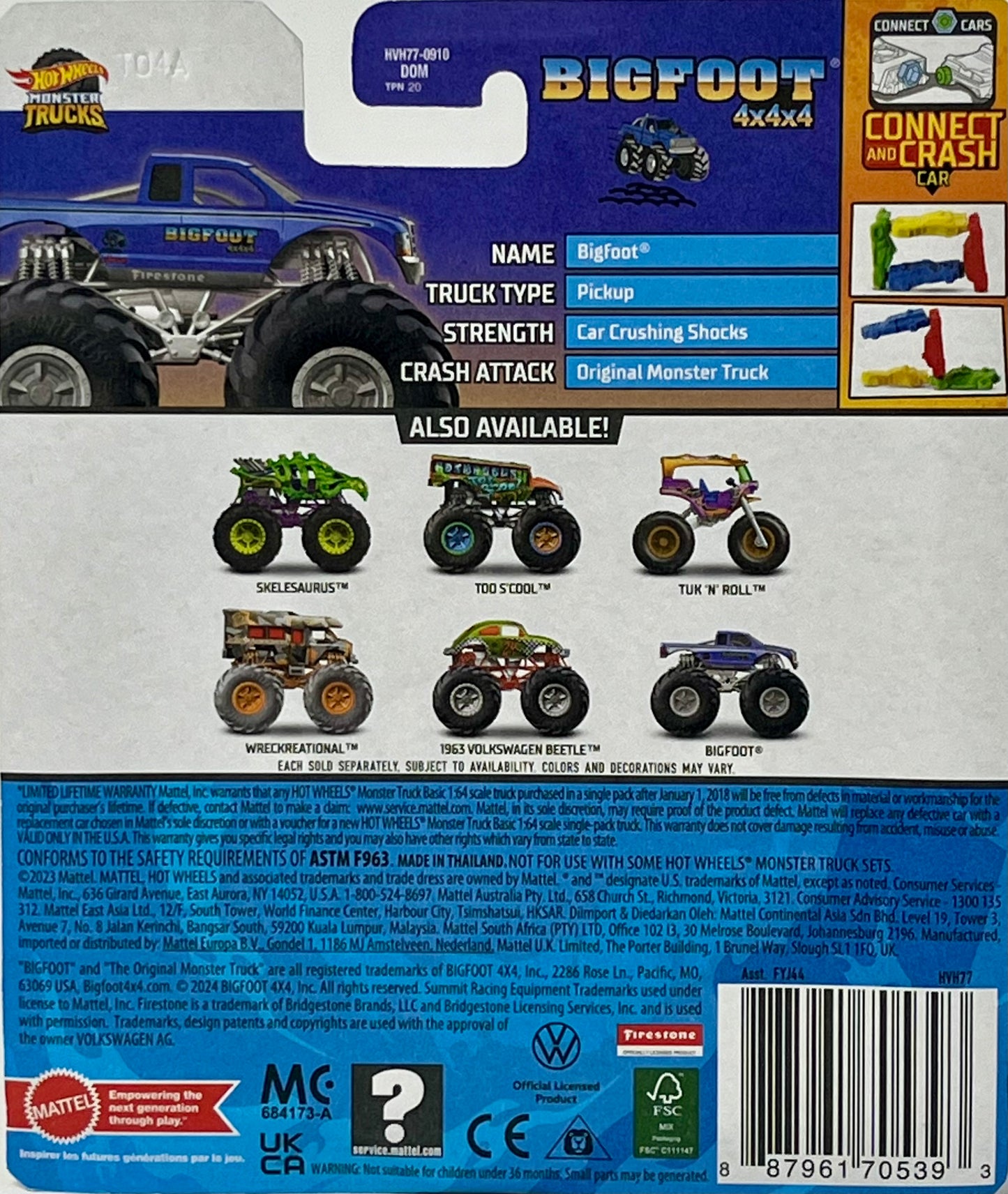 Hot Wheels Monster Trucks Bigfoot 4x4x4, Leading Legends 4/5 Connect and Crash Car 1:64 Scale die cast