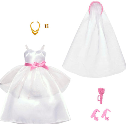 Barbie Clothes Set, Fashion & Accessories Pack for Barbie Dolls, Bridal Theme with Wedding Dress, Veil, Bouquet, Shoes & Jewelry