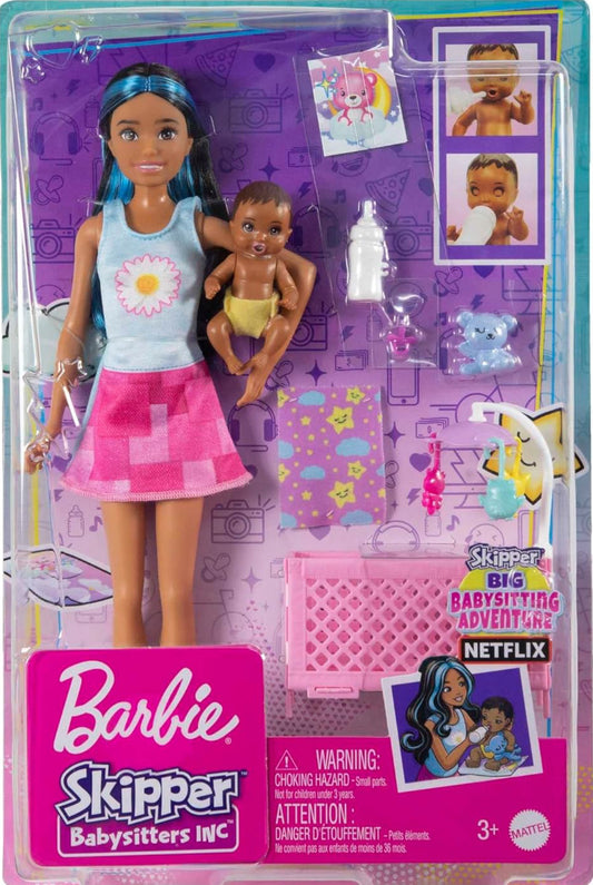 Barbie Skipper Babysitters Inc Doll & Accessories, Crib Playset with Doll, Baby Doll with Sleepy Eyes, Furniture & Accessories