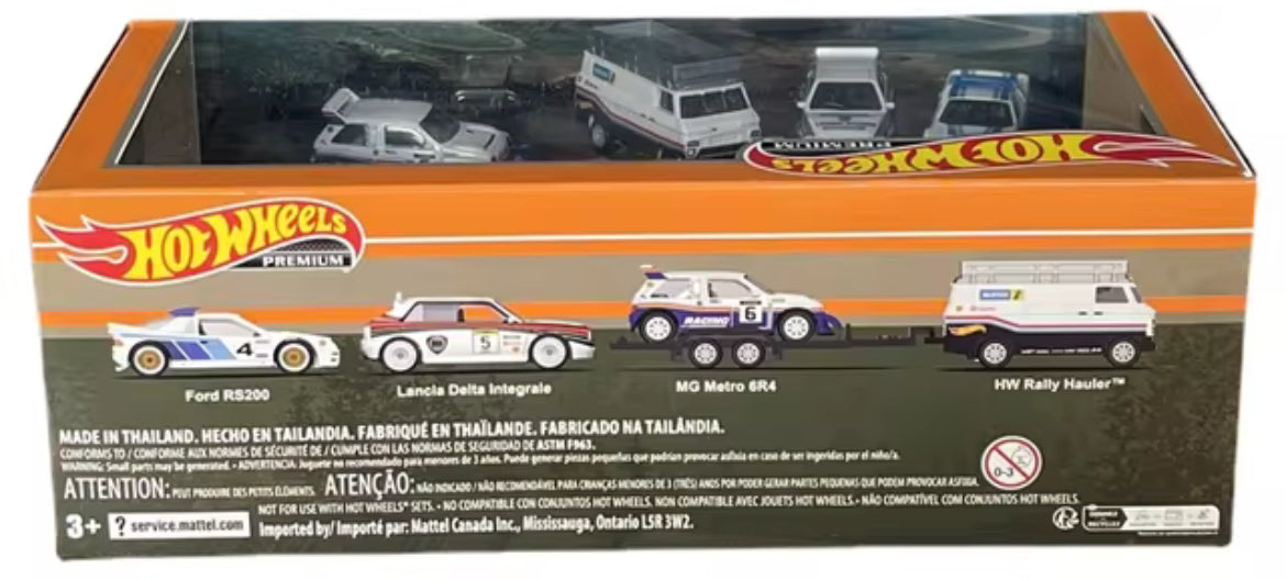 Hot Wheels Premium 1/64  Ford RS20 HW Rally Hauler Lancia Delta, MG Metro 6R4, HW Rally Hauler and Ford RS200