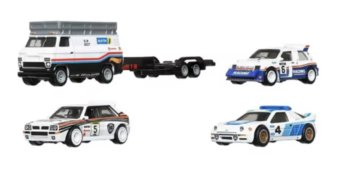 Hot Wheels Premium 1/64  Ford RS20 HW Rally Hauler Lancia Delta, MG Metro 6R4, HW Rally Hauler and Ford RS200