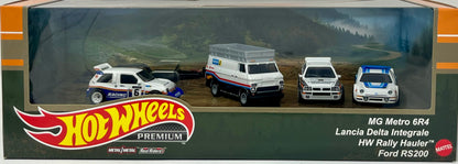 Hot Wheels Premium 1/64  Ford RS20 HW Rally Hauler Lancia Delta, MG Metro 6R4, HW Rally Hauler and Ford RS200