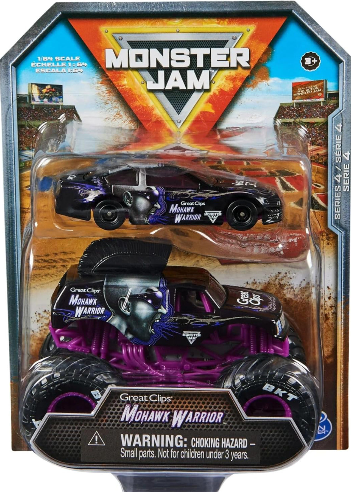 Monster Jam Official 1:64 Scale Diecast 2-Pack Monster Truck and Race Car Series 4 Mohawk Warrior, Purple