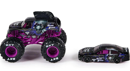 Monster Jam Official 1:64 Scale Diecast 2-Pack Monster Truck and Race Car Series 4 Mohawk Warrior, Purple