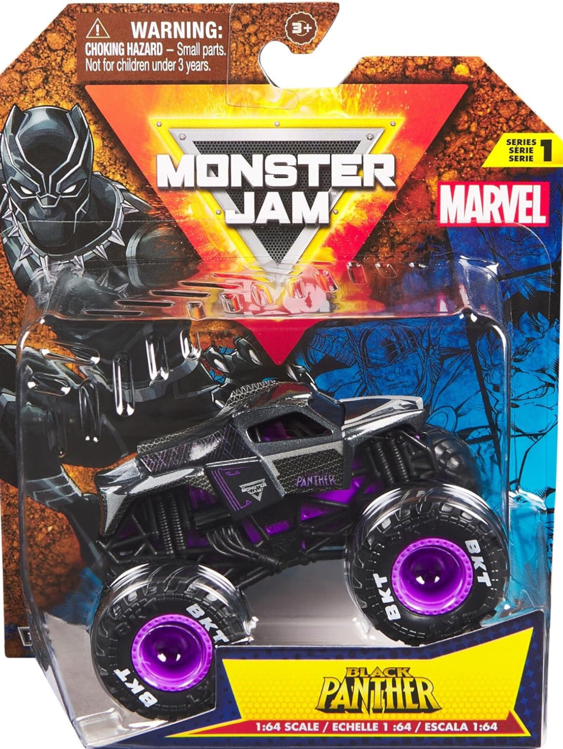 Monster Jam 2024 Marvel 1:64 Scale Diecast Series 1 Monster Truck with Flag: Black Panther