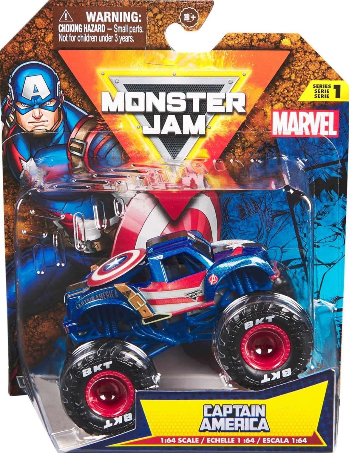 Monster Jam 2024 Marvel 1:64 Scale Diecast Series 1 Monster Truck with Flag: Captain America