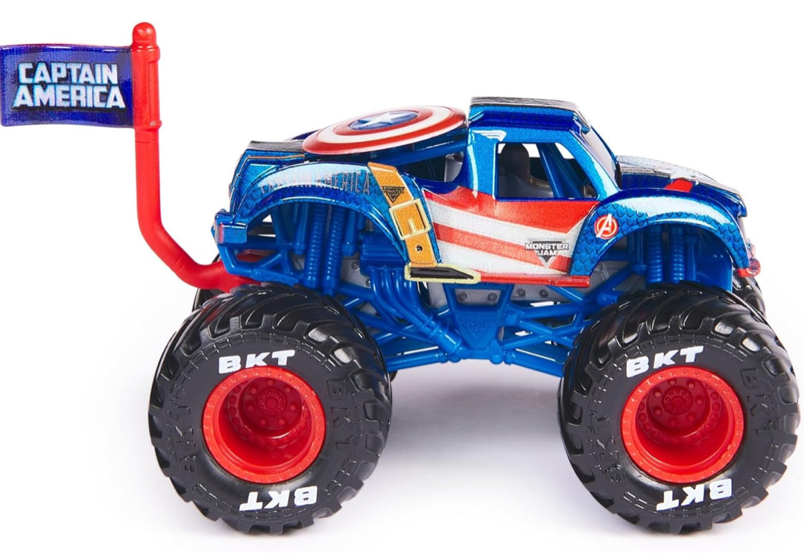 Monster Jam 2024 Marvel 1:64 Scale Diecast Series 1 Monster Truck with Flag: Captain America