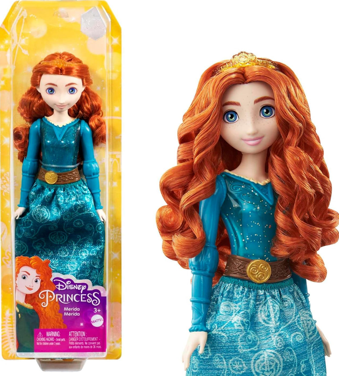 Mattel Disney Princess Toys, Merida Fashion Doll, Sparkling Look with Red Hair, Blue Eyes & Hair Accessory, Inspired by the Movie Brave