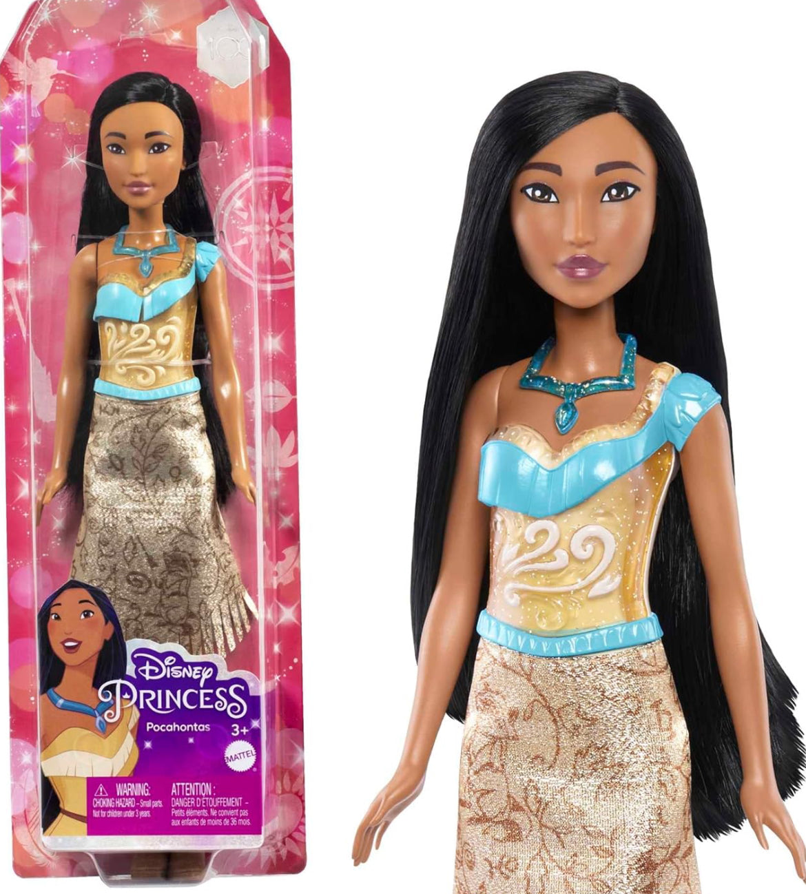 Mattel Disney Princess Toys, Pochontas Fashion Doll, Sparkling Look with Black Hair, Brown Eyes & Necklace Accessory, Inspired by the Movie