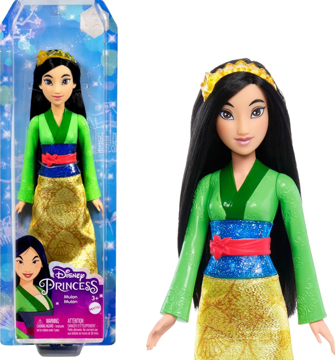 Mattel Disney Princess Toys, Mulan Fashion Doll, Sparkling Look with Black Hair, Brown Eyes & Hair Accessory, Inspired by the Movie Mulan