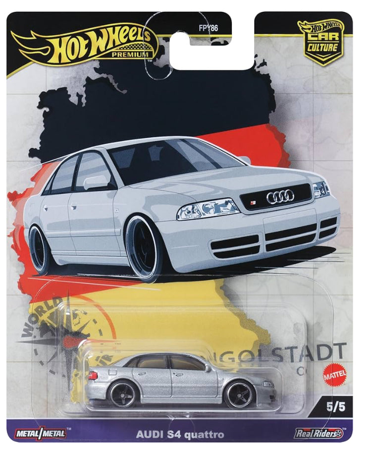 Hot Wheels Premium Car Culture Collectible Toy Car, 1:64 Scale Die-Cast Audi S4 Quattro, World Tour Vehicle with Real Riders Tires