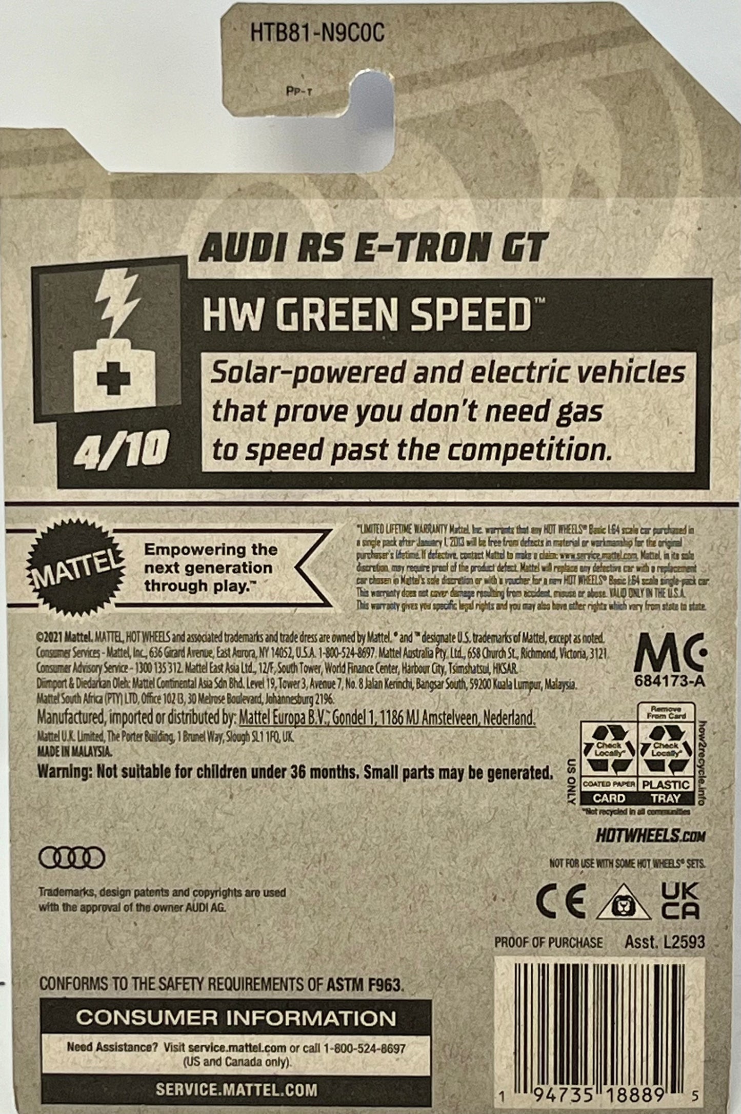 Hot Wheels Audi RS E-Tron GT 36/250 HW GREEN SPEED 4/10 Plug N Go Plates