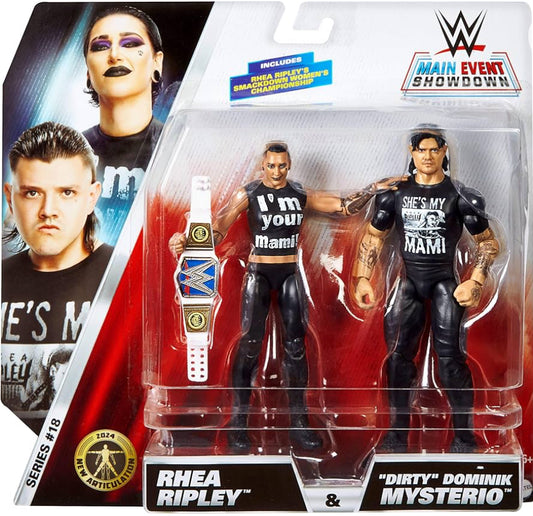 Mattel WWE Main Event Championship Showdown 2-Pack Action Figures & Accessory, Series #20 ‘Dirty’ Dominik Mysterio vs Rhea Ripley Collectible Set