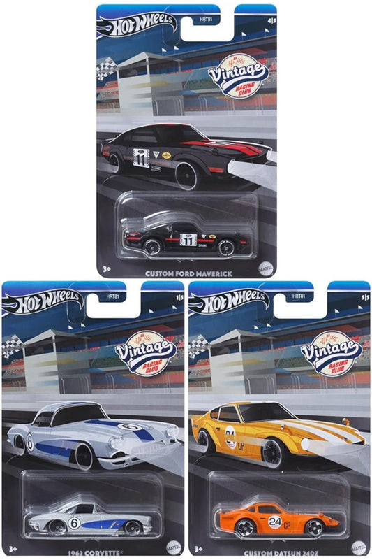 Hot Wheels Vintage Racing Club Set of 3 Diecast Vehicles Datsun 240Z, 1962 Corvette and Custom Ford Maverick