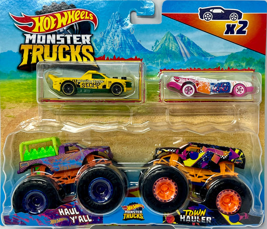 Hot Wheels Monster Trucks Haul Y'all vs Town Hauler with Operation Stomp Transporter & Speed Bump Crushed Car